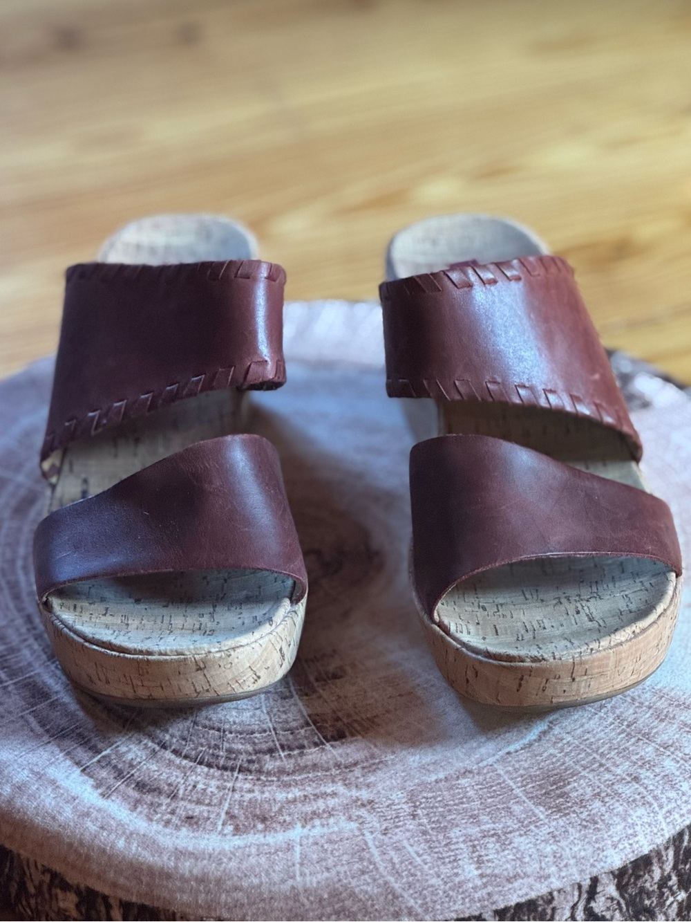 Korks by Kork-Ease Brown Leather Cork Wedge Slide Sandals